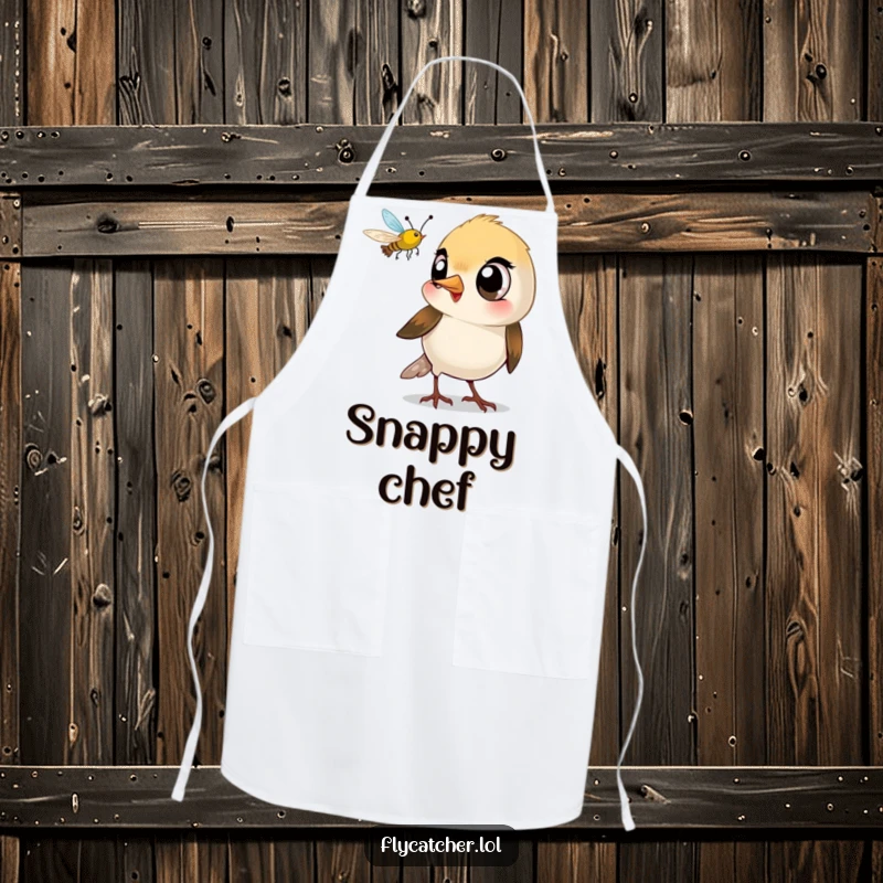 Funny apron with a small bird with large eyes playfully snapping its beak at a flying insect.
