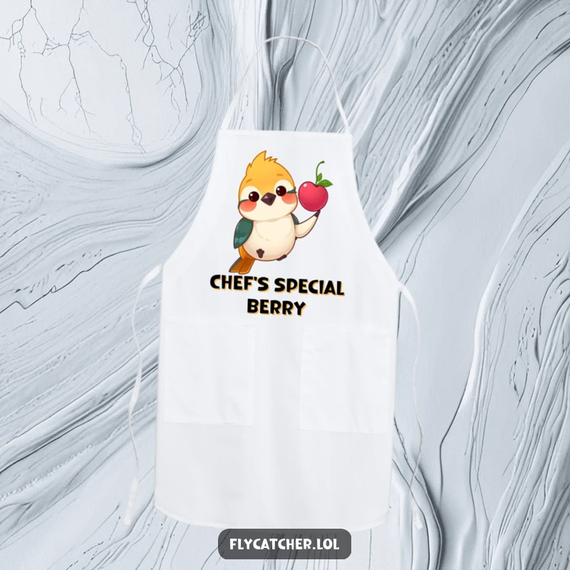 Funny apron showing a polite flycatcher bird offering a bright berry with a charming nod, ideal for a kind kitchen.