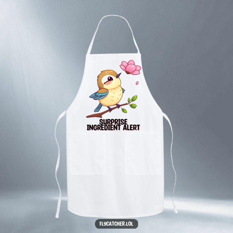 Funny apron showcasing a flycatcher bird in a state of comical shock as a petal drifts down, ideal for kitchen fun.