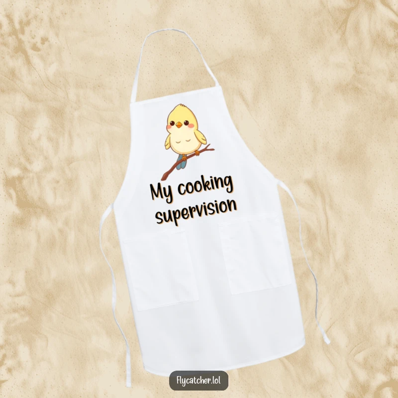 Funny apron graphic of a cheerful bird balancing on a thin branch, peering intently, ready for kitchen duty.