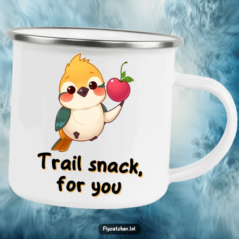 Funny camping mug showing a polite flycatcher bird offering a bright berry with a gentle nod, great for outdoor drinks.