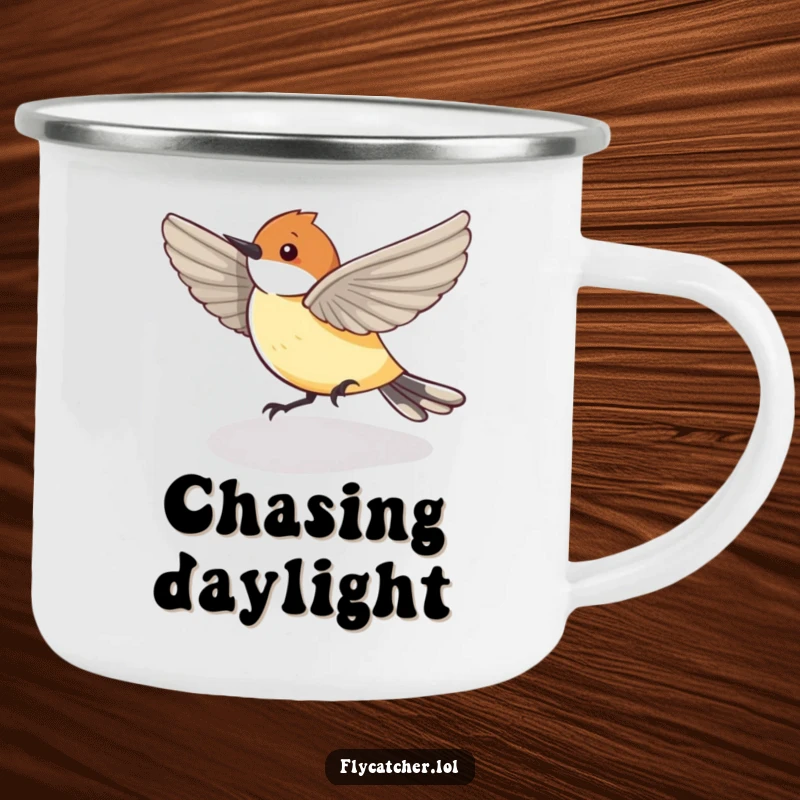 Funny Camping Mug depicting a flycatcher bird humorously chasing its shadow, adding a playful touch to outdoor drinks.