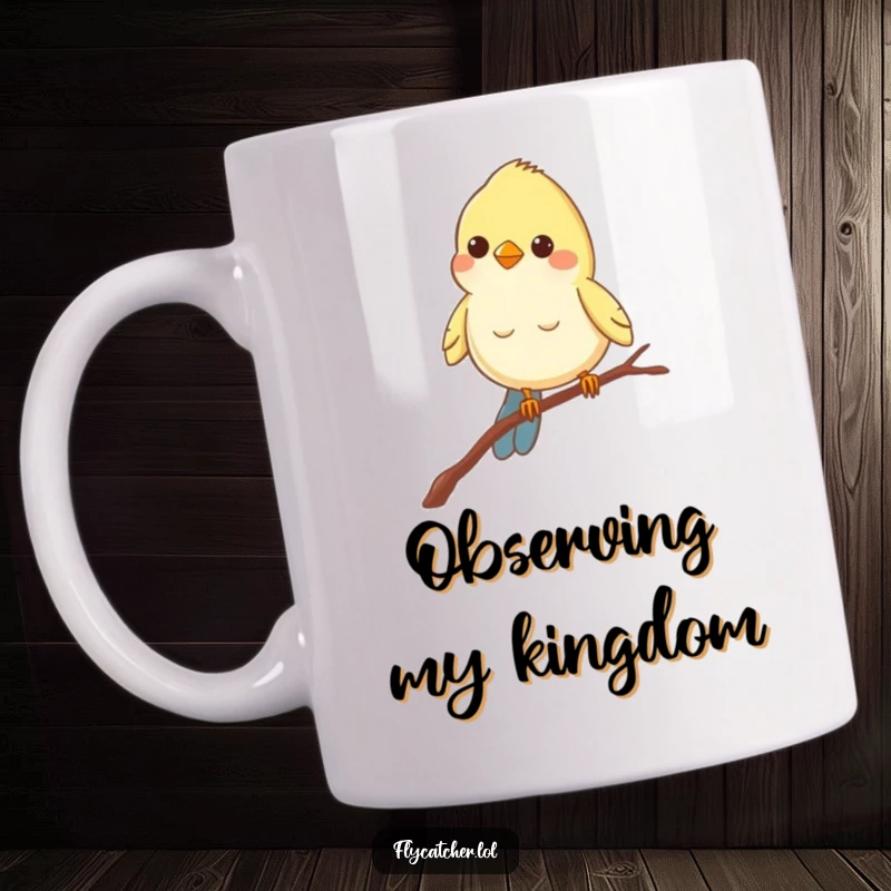 Funny mug showing a cheerful bird balancing precariously on a thin branch, peering intently with curiosity.