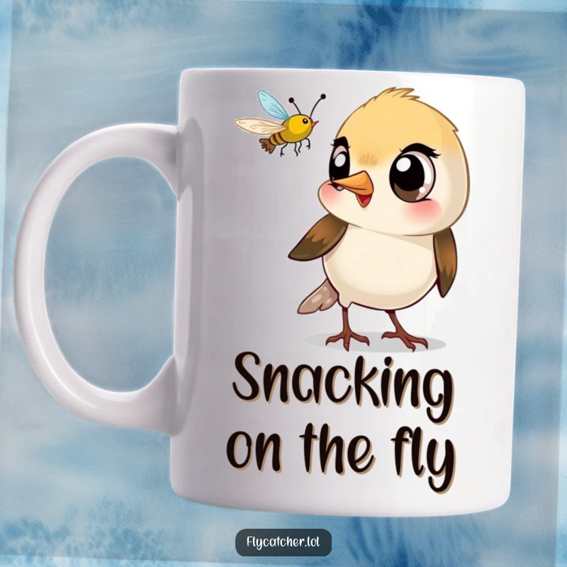 Funny mug showing a small bird with large eyes playfully snapping its beak at a tiny flying insect.