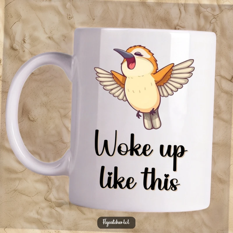 Funny mug featuring a flycatcher bird gracefully stretching its wings and letting out a happy, contented yawn.