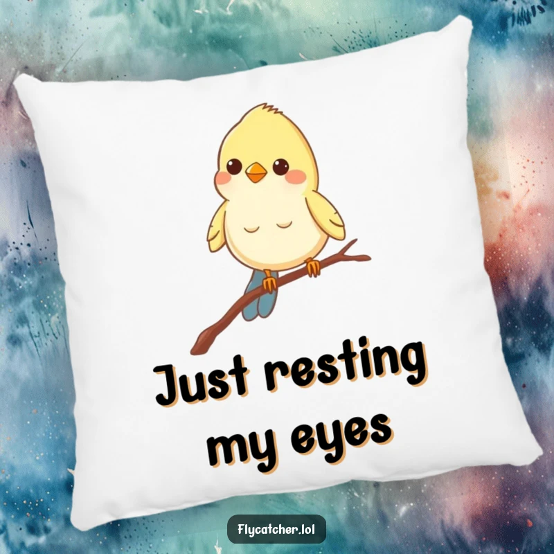 Funny pillow featuring a cheerful bird balancing on a thin branch, peering intently with adorable focus.