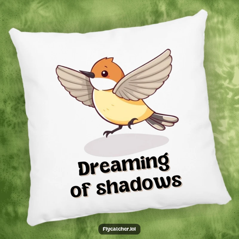 Funny Pillow featuring a flycatcher bird humorously chasing its shadow, adding a playful and cozy touch.