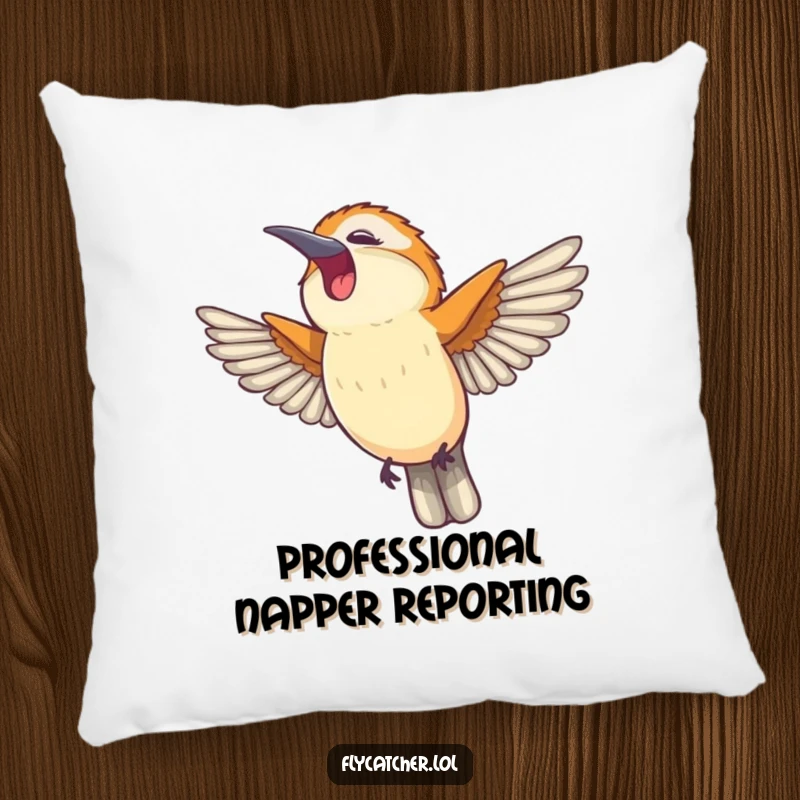 Funny pillow featuring a flycatcher bird stretching its wings with a big, happy yawn, perfect for snuggling.