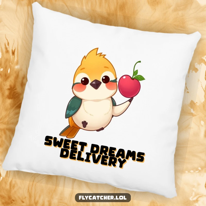 Funny pillow featuring a polite flycatcher bird offering a bright berry with a gentle nod, perfect for cozying up.
