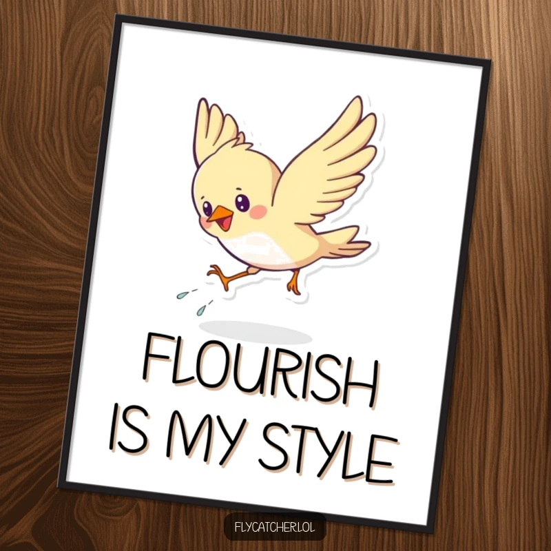 Funny digital art print of a cute bird energetically swooping down, executing a grand landing with a flourish, full of life.