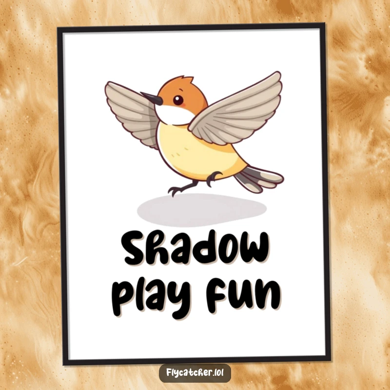Funny Digital Art of a flycatcher bird humorously chasing its shadow, bringing instant playful energy and humor.