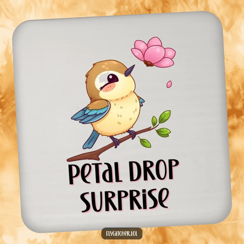 Funny coaster depicting a flycatcher bird comically surprised by a single falling petal, protecting your furniture stylishly.