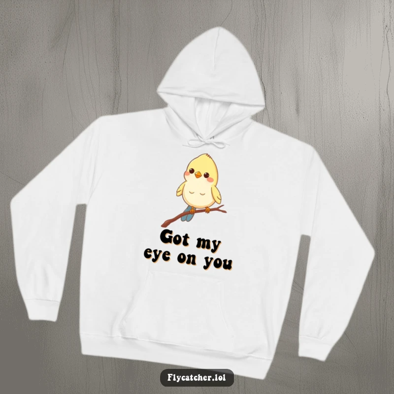 Funny hoodie graphic of a cheerful bird balancing on a thin branch, peering intently, conveying a sense of focused cuteness.