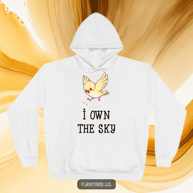 Funny hoodie print of a cute bird energetically swooping down, executing a stylish landing with a flourish, radiating fun.