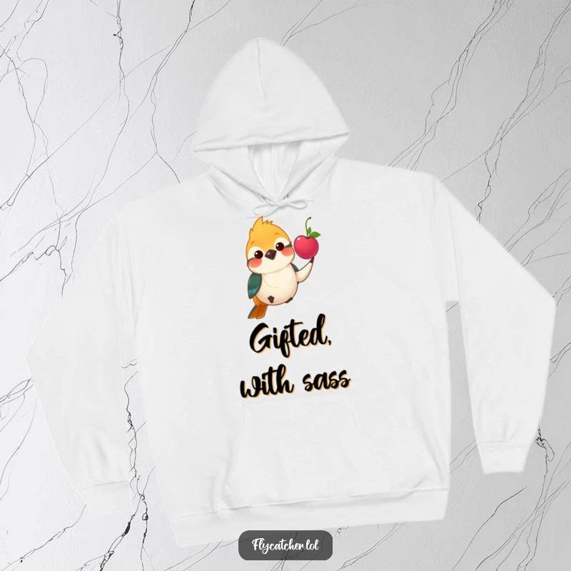 Funny hoodie displaying a flycatcher bird politely offering a bright berry with a gentle nod.