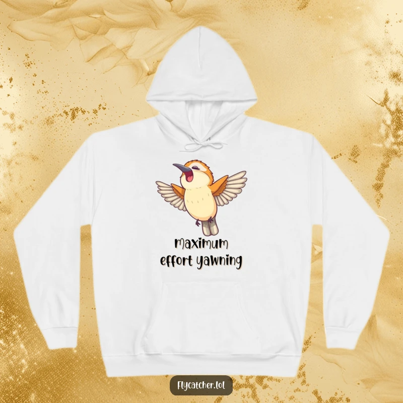 Funny hoodie showing a flycatcher bird in a full wing stretch accompanied by a big, happy yawn.