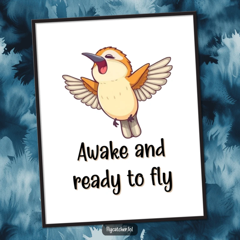 Funny Free Printable Wall Art: Flycatcher stretching wings with a happy yawn, serene and humorous decor.