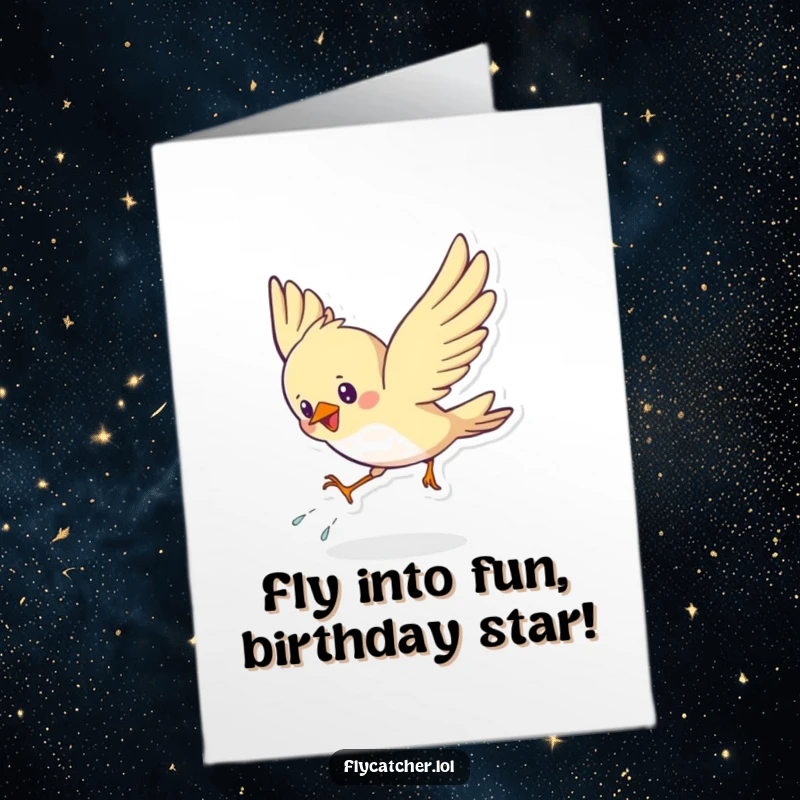 Funny Free Printable Bird Birthday Card: A cute bird energetically swoops down for a hilarious landing, ready to celebrate.