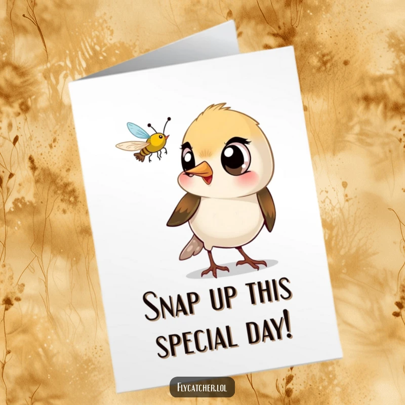 Funny Free Printable Birthday Card: Small bird with big eyes playfully snapping its beak at a tiny flying insect.