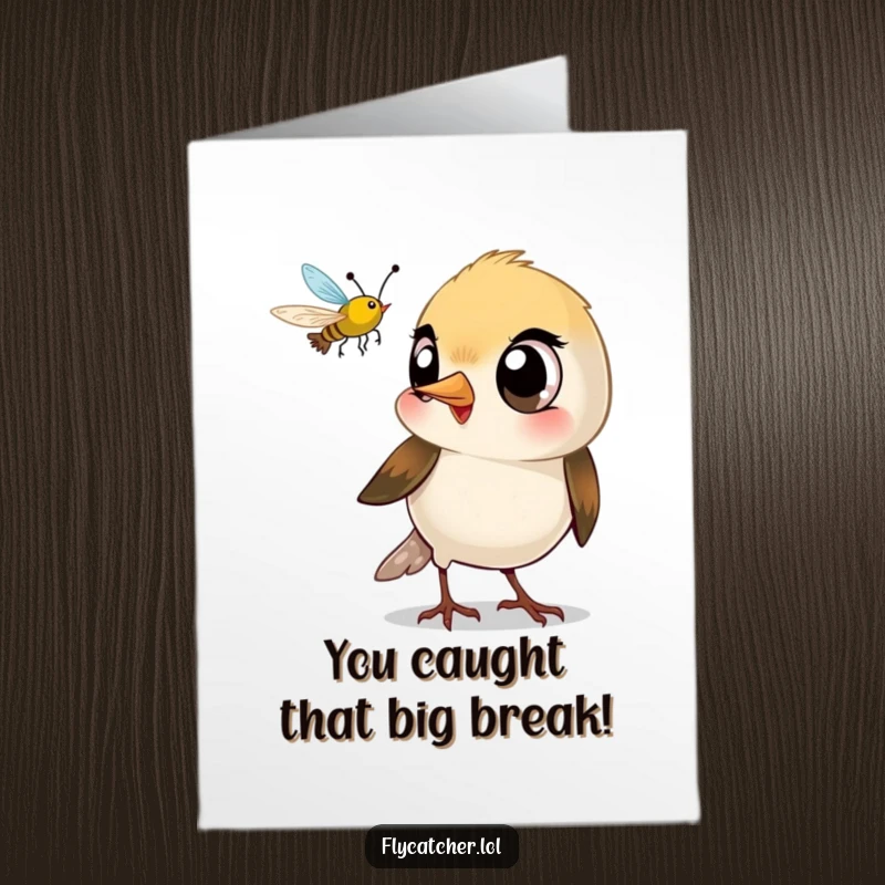 Funny Free Printable Congrats Card: A bird with large eyes humorously snapping its beak at a bug, celebrating victory.