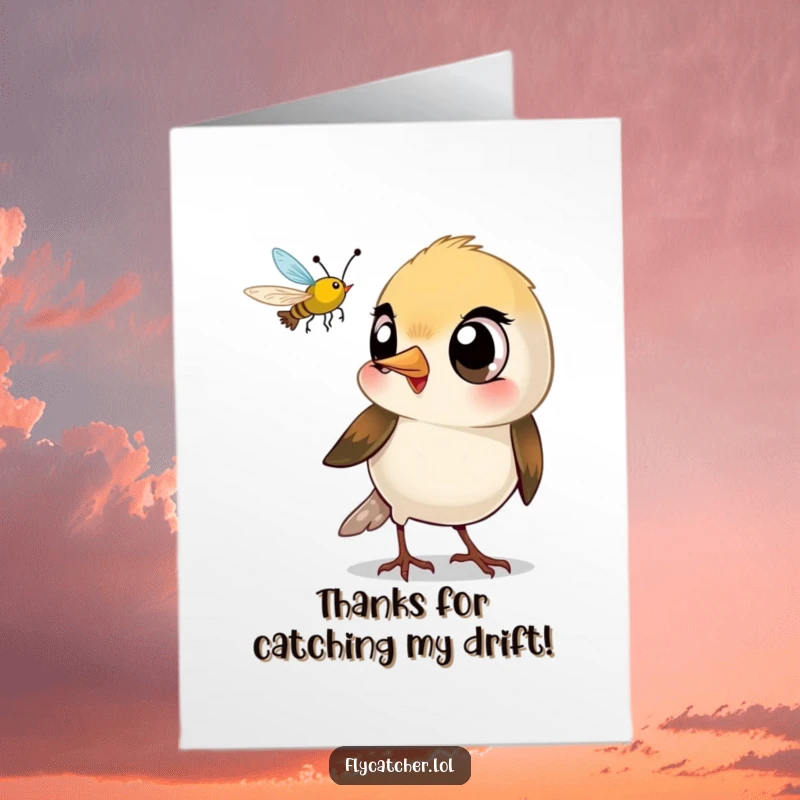Funny Free Printable Thank You Card: A small bird with big eyes playfully snapping its beak at an insect, saying thanks.