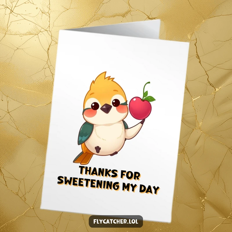 Funny Free Printable Thank You Card: Flycatcher politely offers a bright berry, a charming thank you.
