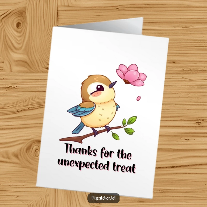 Funny Free Printable Thank You Card: Flycatcher shocked by a falling petal, a unique way to show thanks.