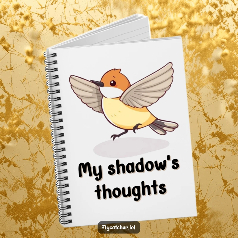Funny Notebook cover showcasing a flycatcher bird playfully chasing its shadow, ideal for jotting down energetic ideas.