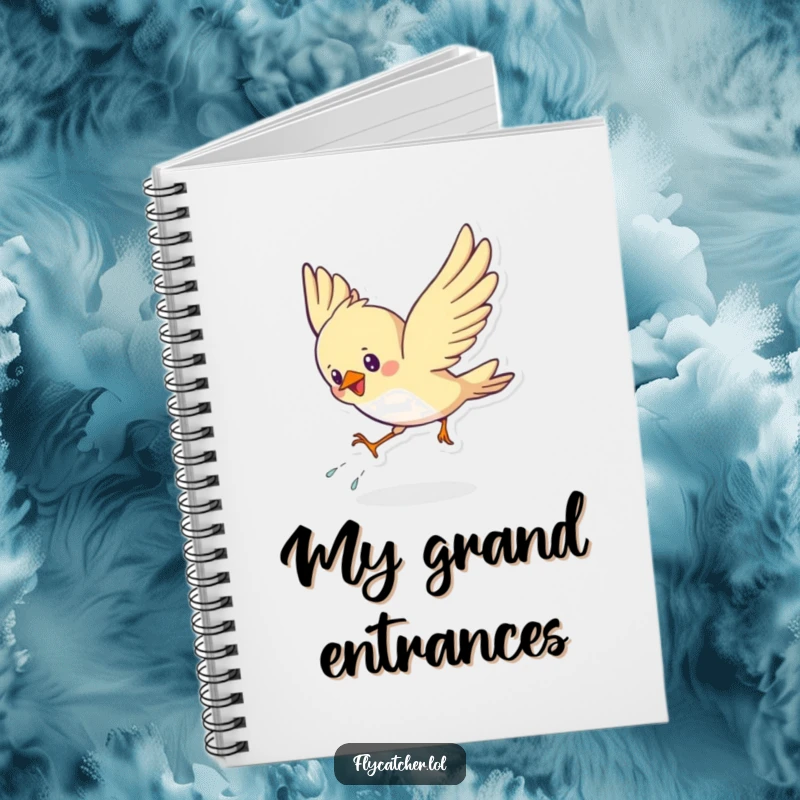 Funny notebook cover with a cute bird energetically swooping down and landing with a flourish, perfect for writing.