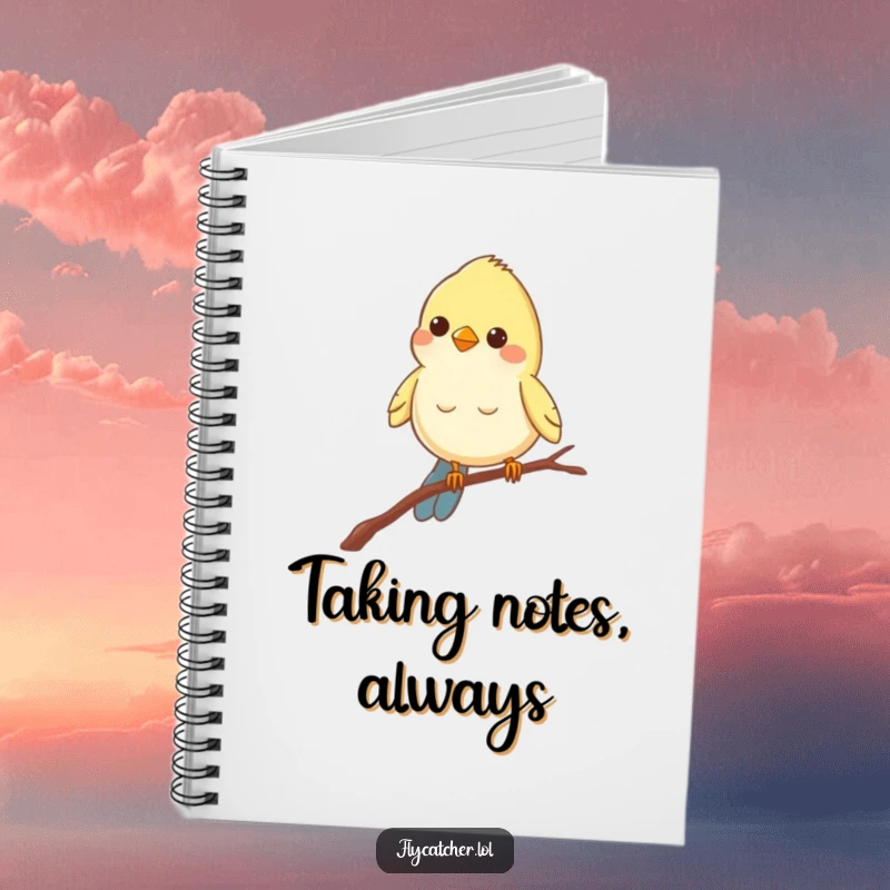 Funny notebook cover featuring a cheerful bird balancing on a thin branch, peering intently, ready for notes.