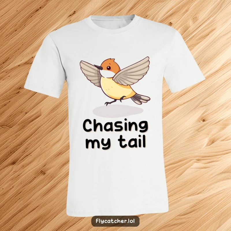 Funny T-Shirt depicting a flycatcher bird in a funny pursuit of its own shadow, symbolizing playful energy.
