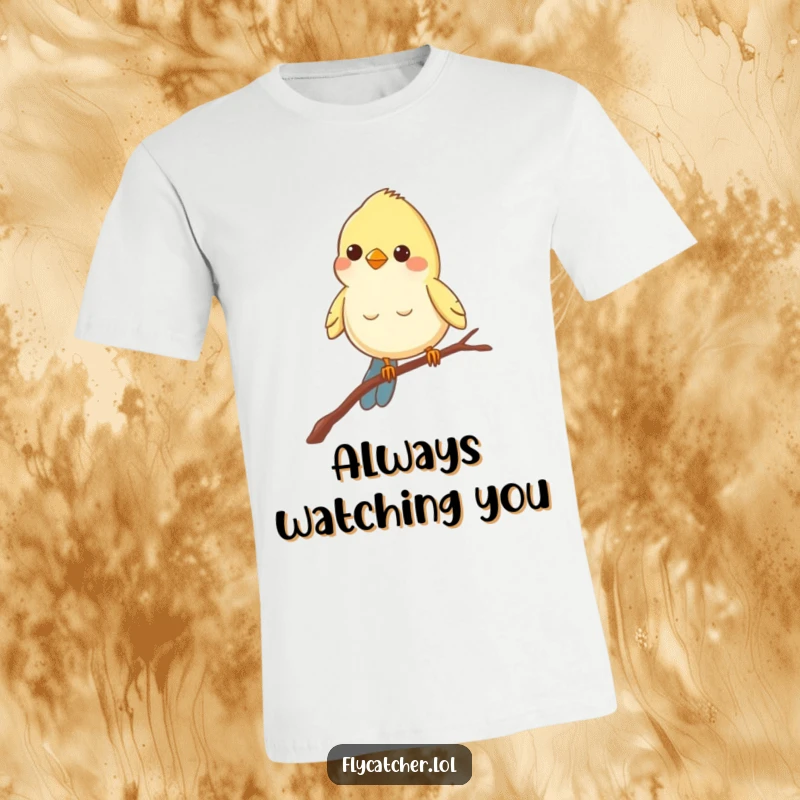Funny t-shirt print of a cheerful bird balancing on a thin branch, peering intently with wide, curious eyes.