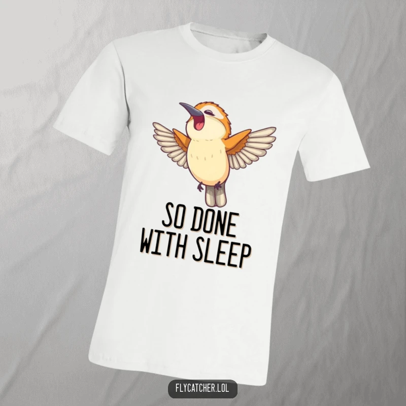 Funny t-shirt depicting a flycatcher bird stretching its wings wide with a joyful, open-mouthed yawn.