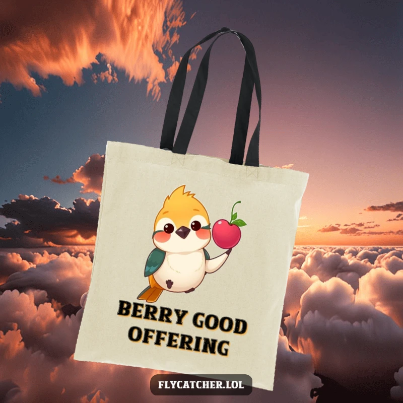 Funny tote bag illustrating a polite flycatcher bird offering a bright berry with a charming nod.