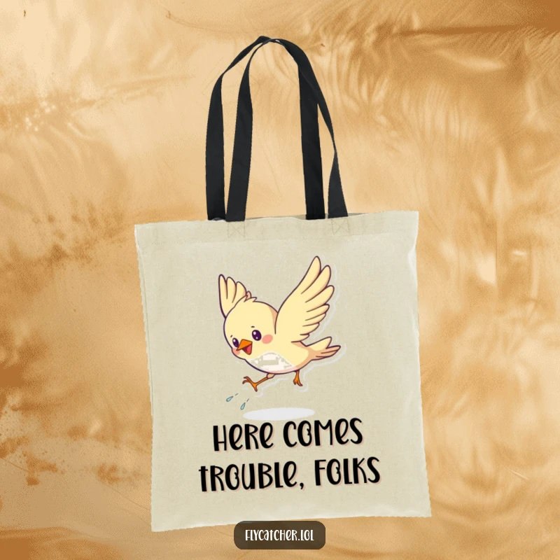 Funny tote bag featuring a cute bird energetically swooping down and preparing for a stylish landing with a flourish.