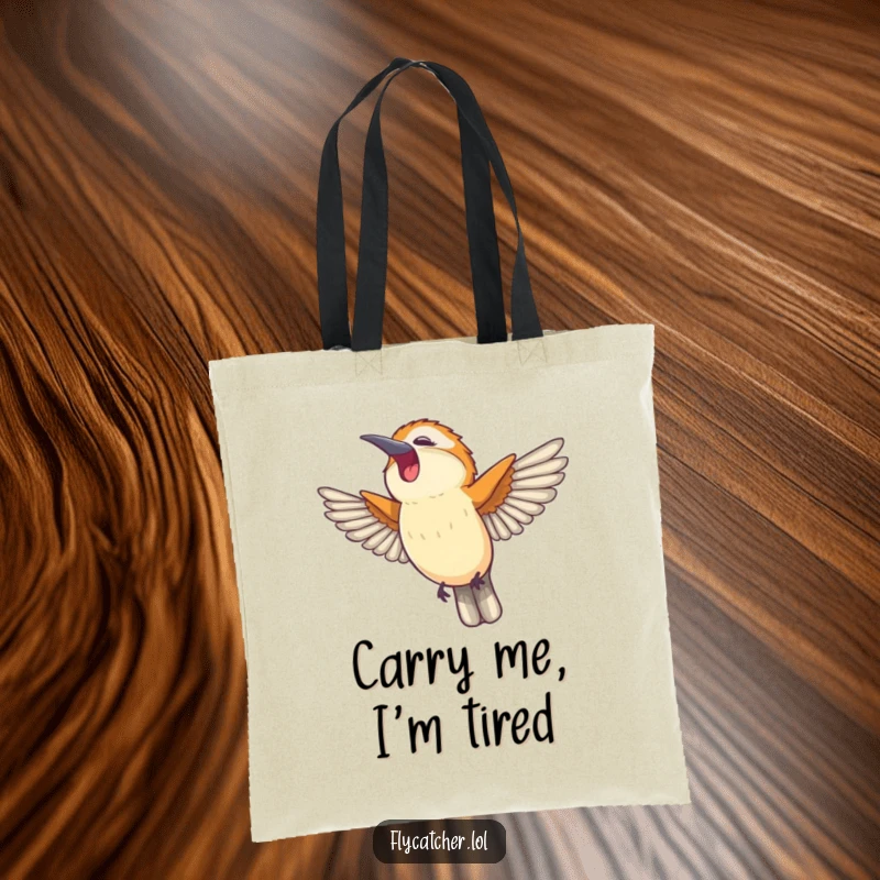 Funny tote bag illustrating a flycatcher bird stretching its wings and yawning happily, perfect for daily errands.